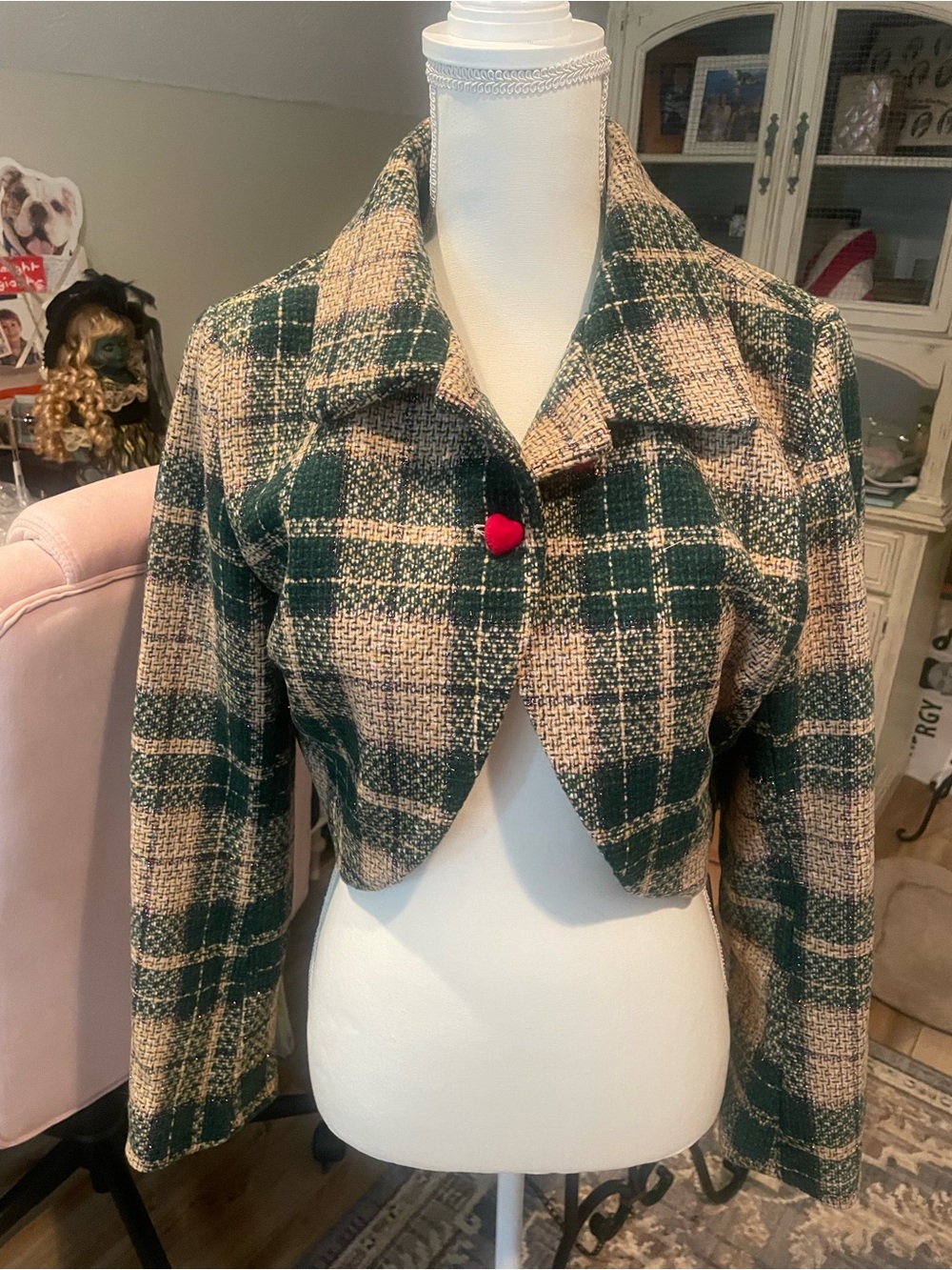 Retro Stage XXL Womens Green & Beige Plaid Cropped Jacket-read description